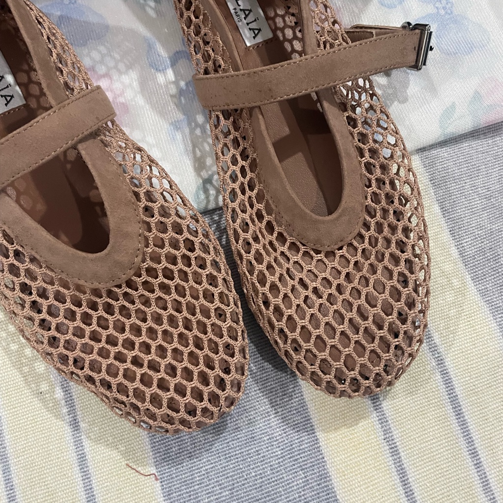 Alaa Beige Mesh Mary Jane Flats With Ankle Strap — image 2 of 8